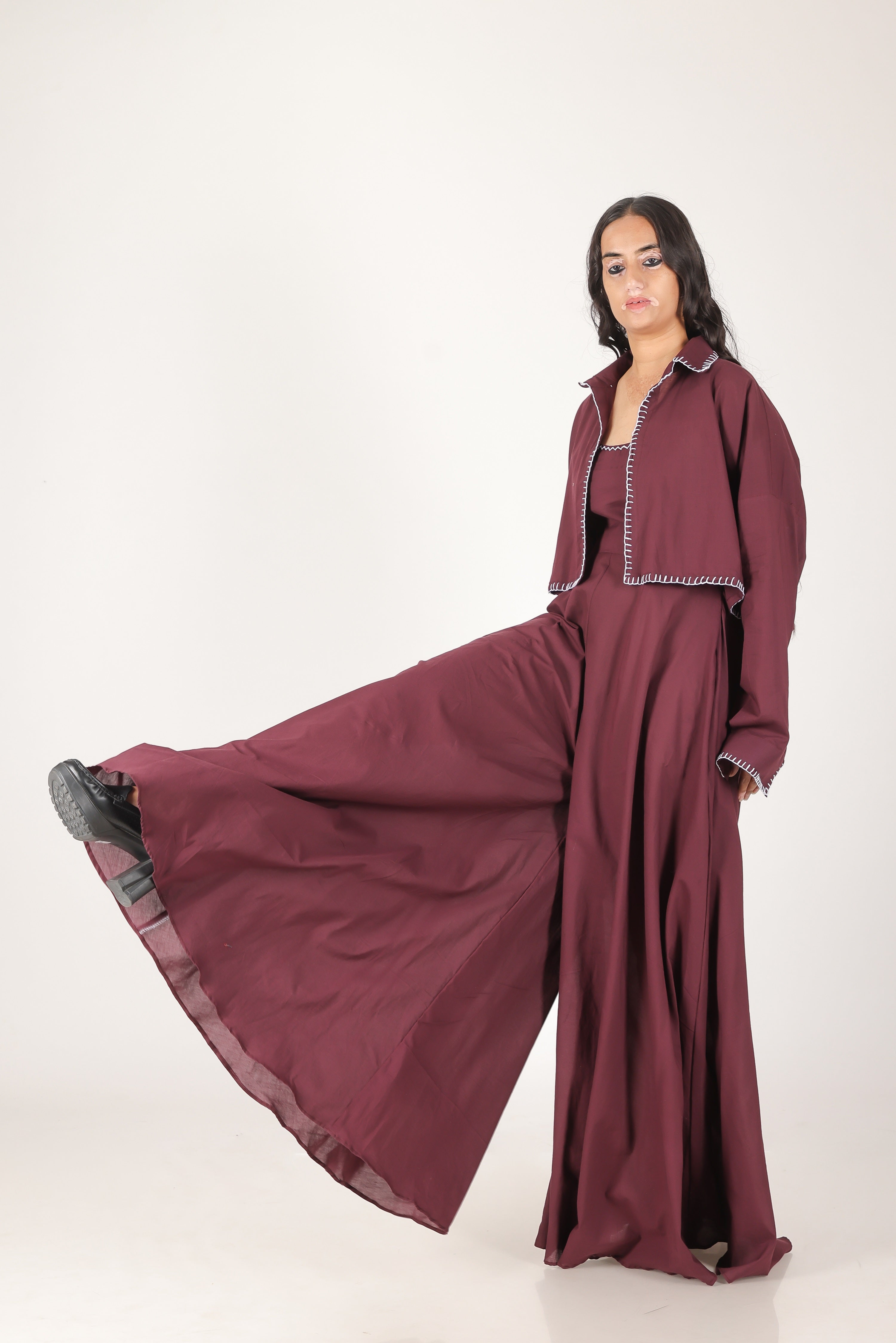 Burgundy haath taanka jumpsuit