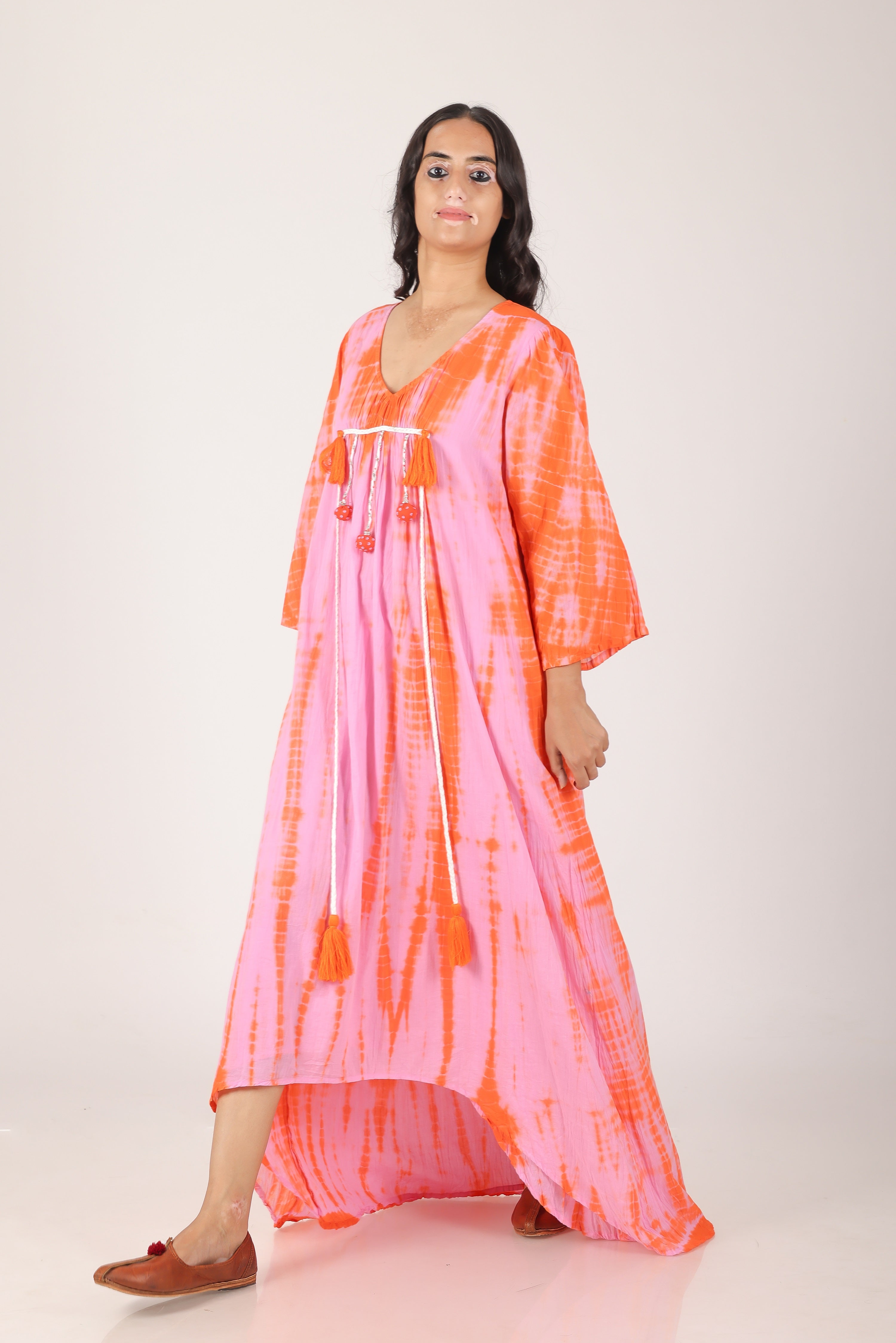 Gulabi kesariya shibori cotton dress