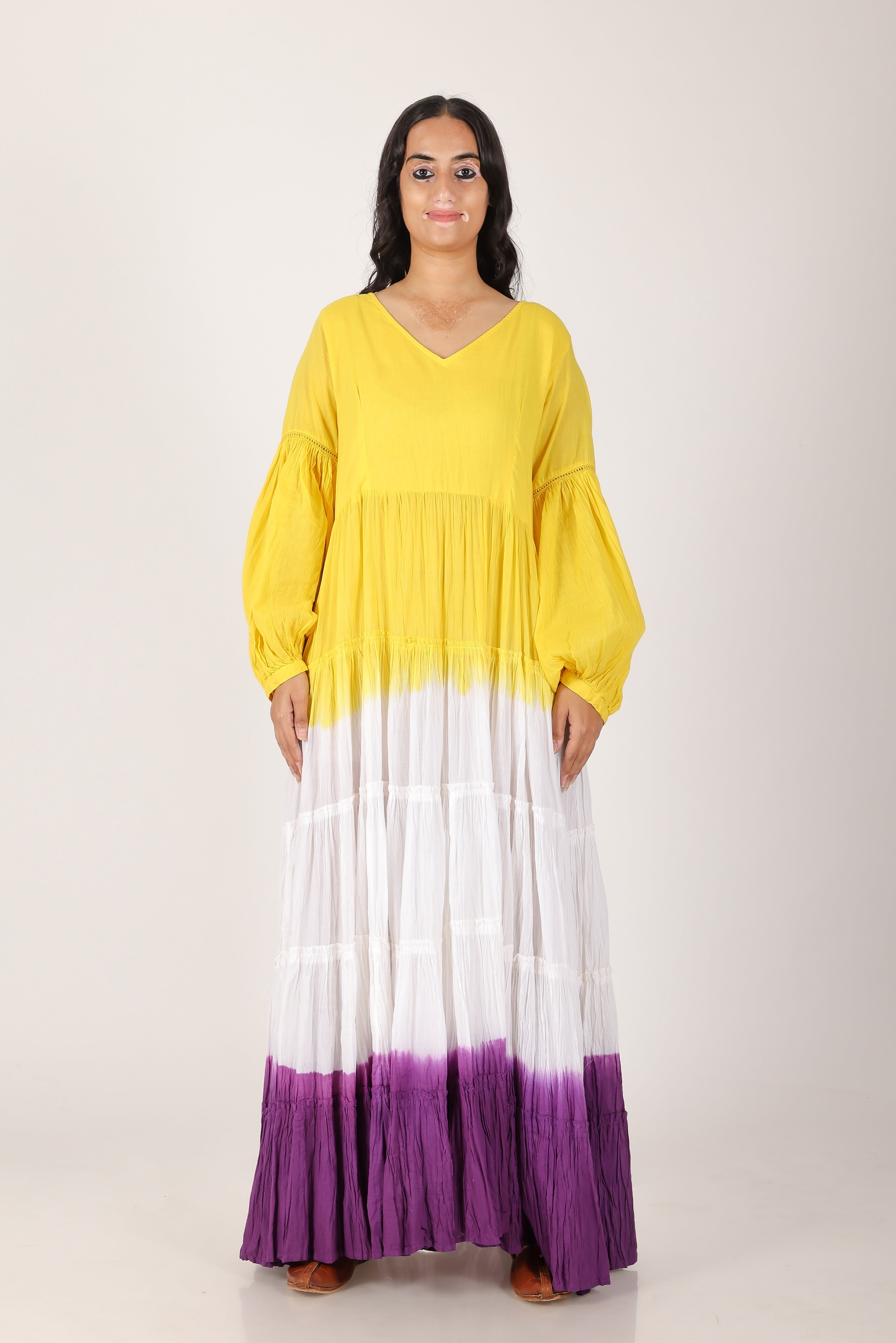 Yellow purple ombare tierd cotton dress