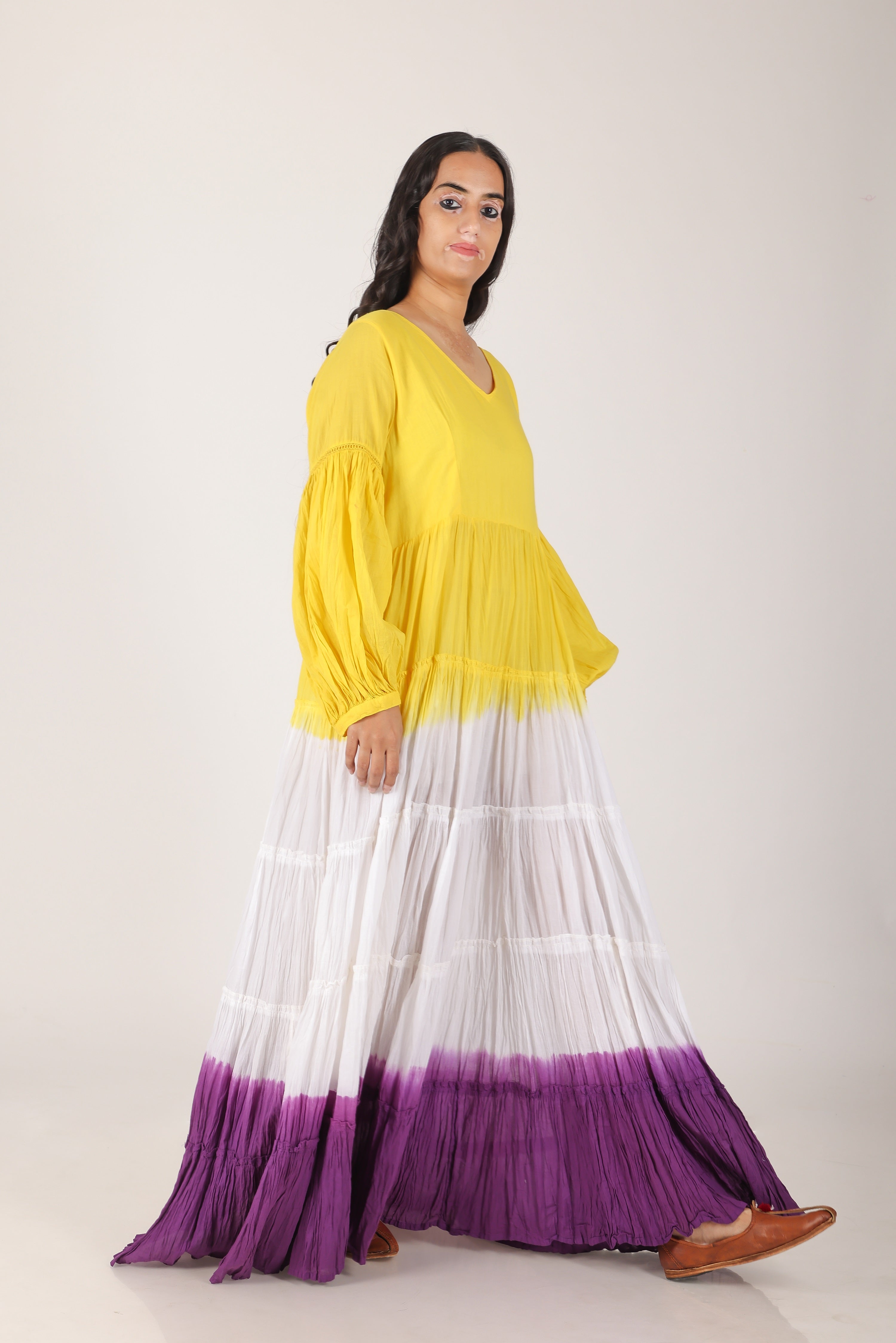 Yellow purple ombare tierd cotton dress