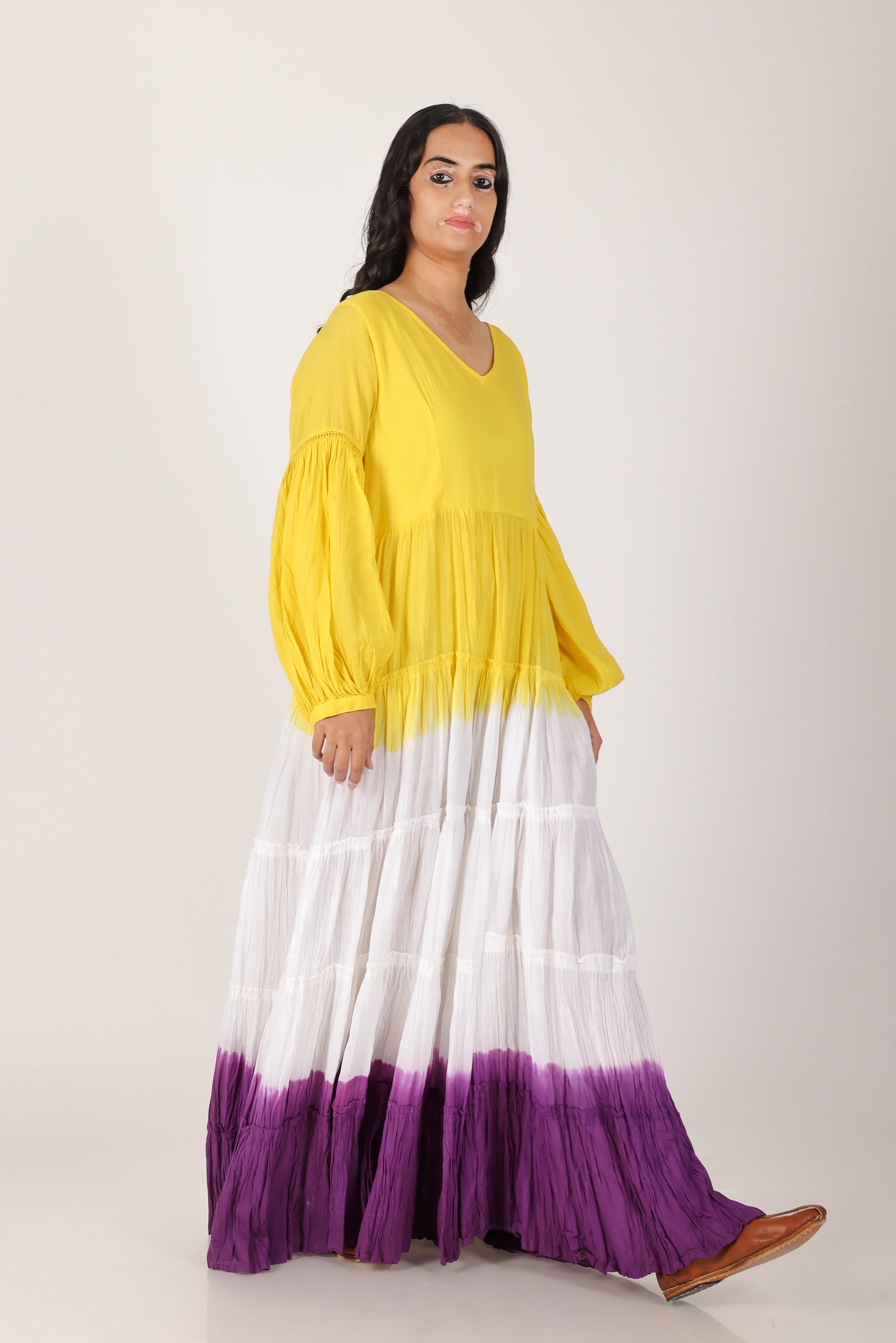 Yellow purple ombare tierd cotton dress