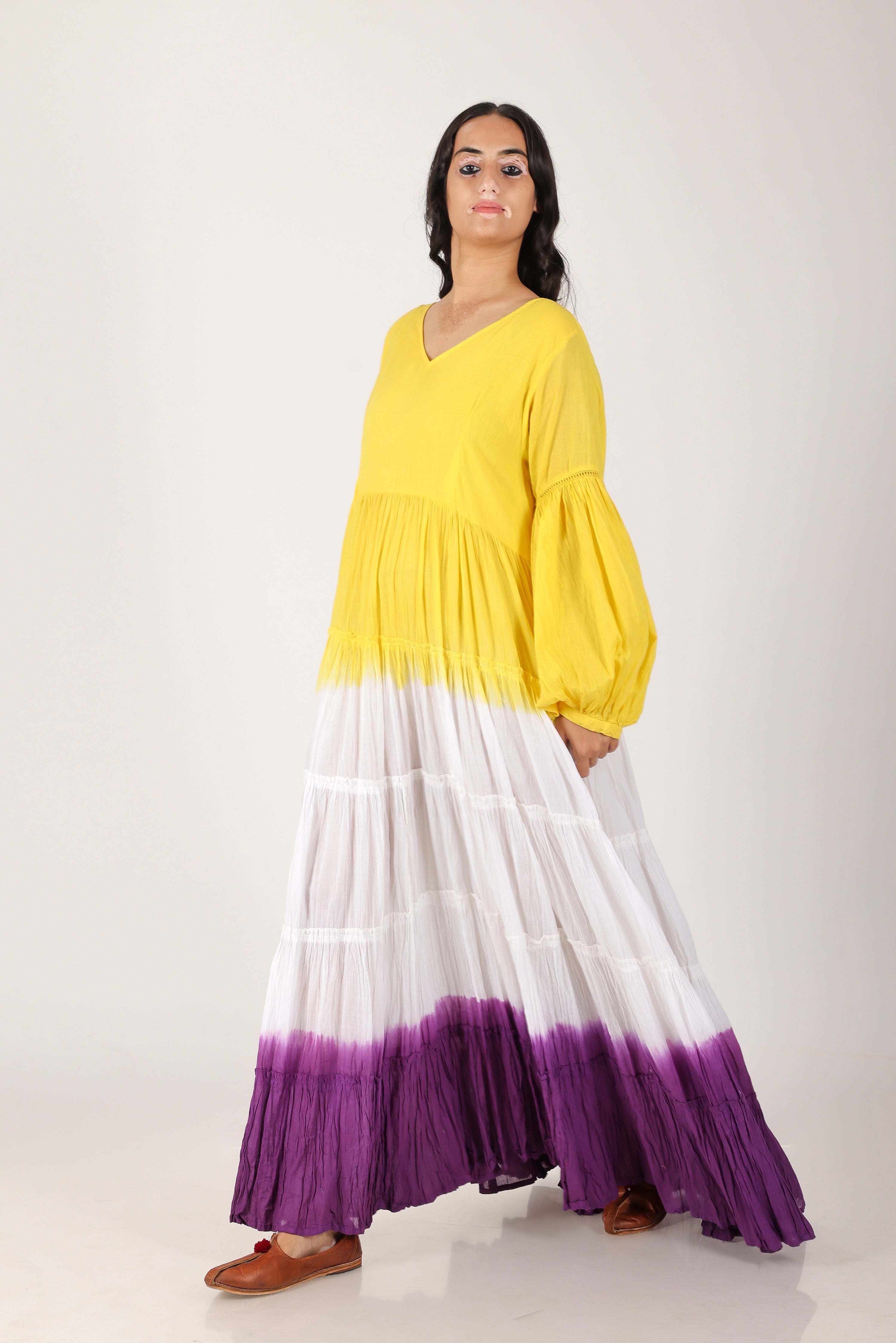 Yellow purple ombare tierd cotton dress