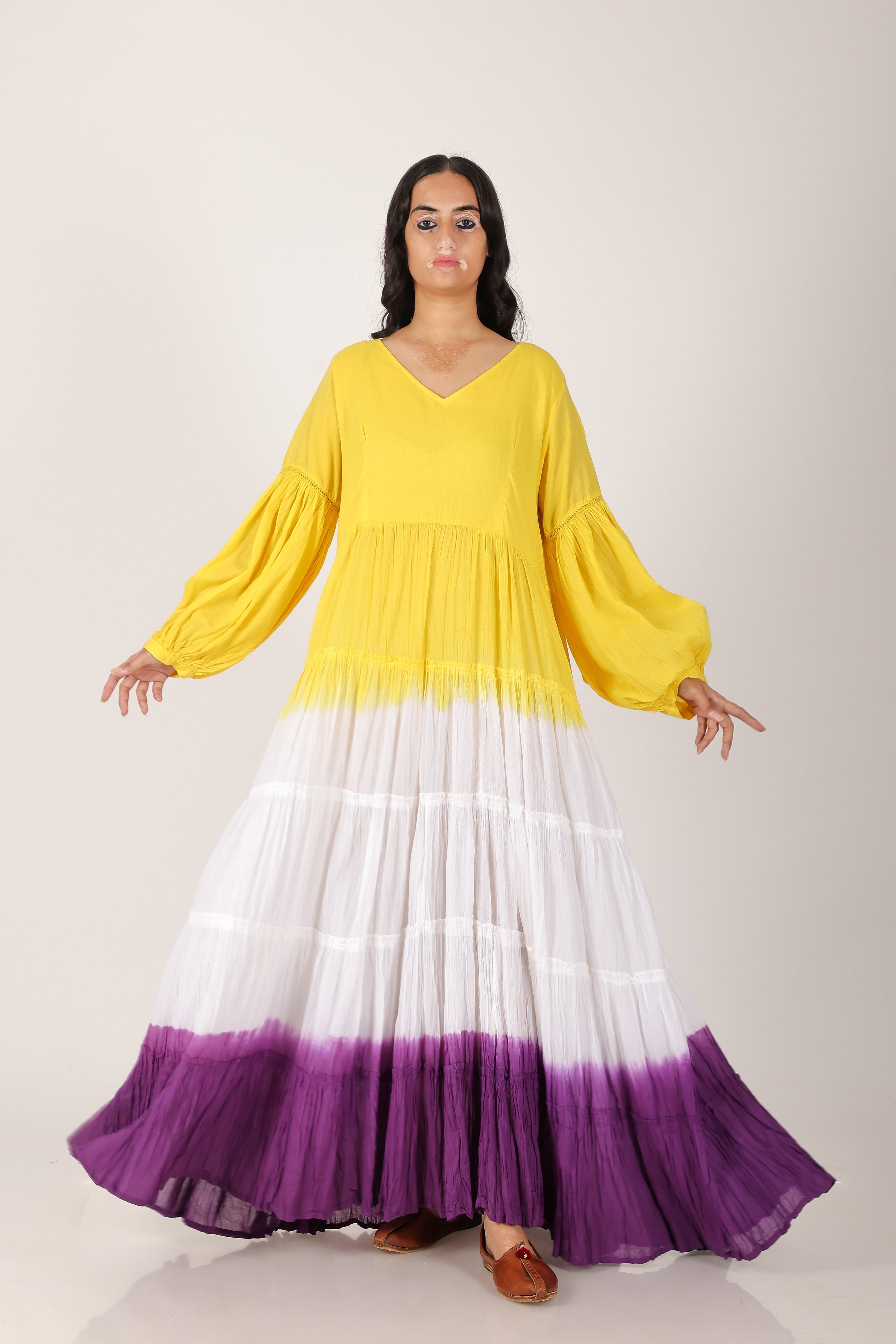 Yellow purple ombare tierd cotton dress