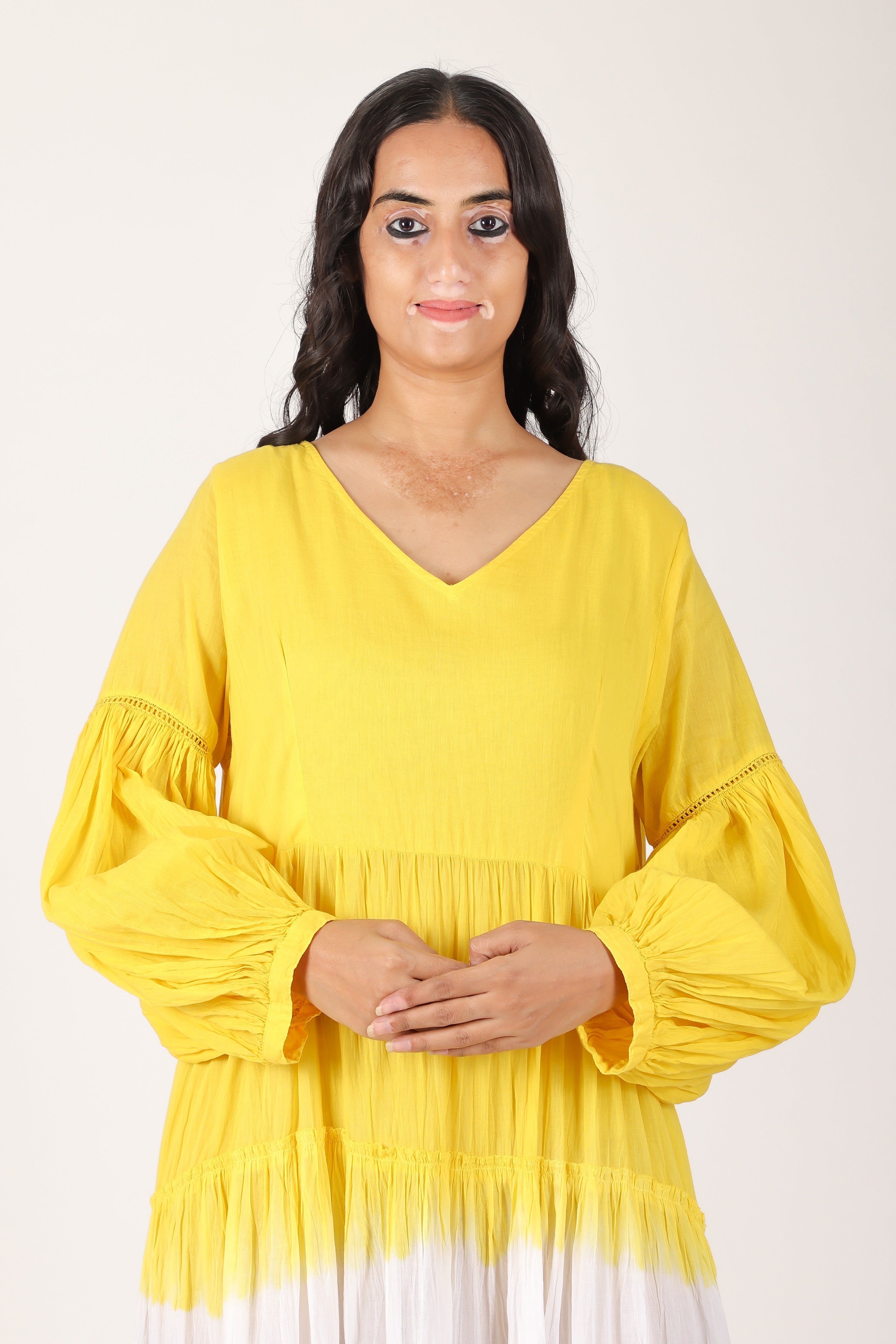 Yellow purple ombare tierd cotton dress