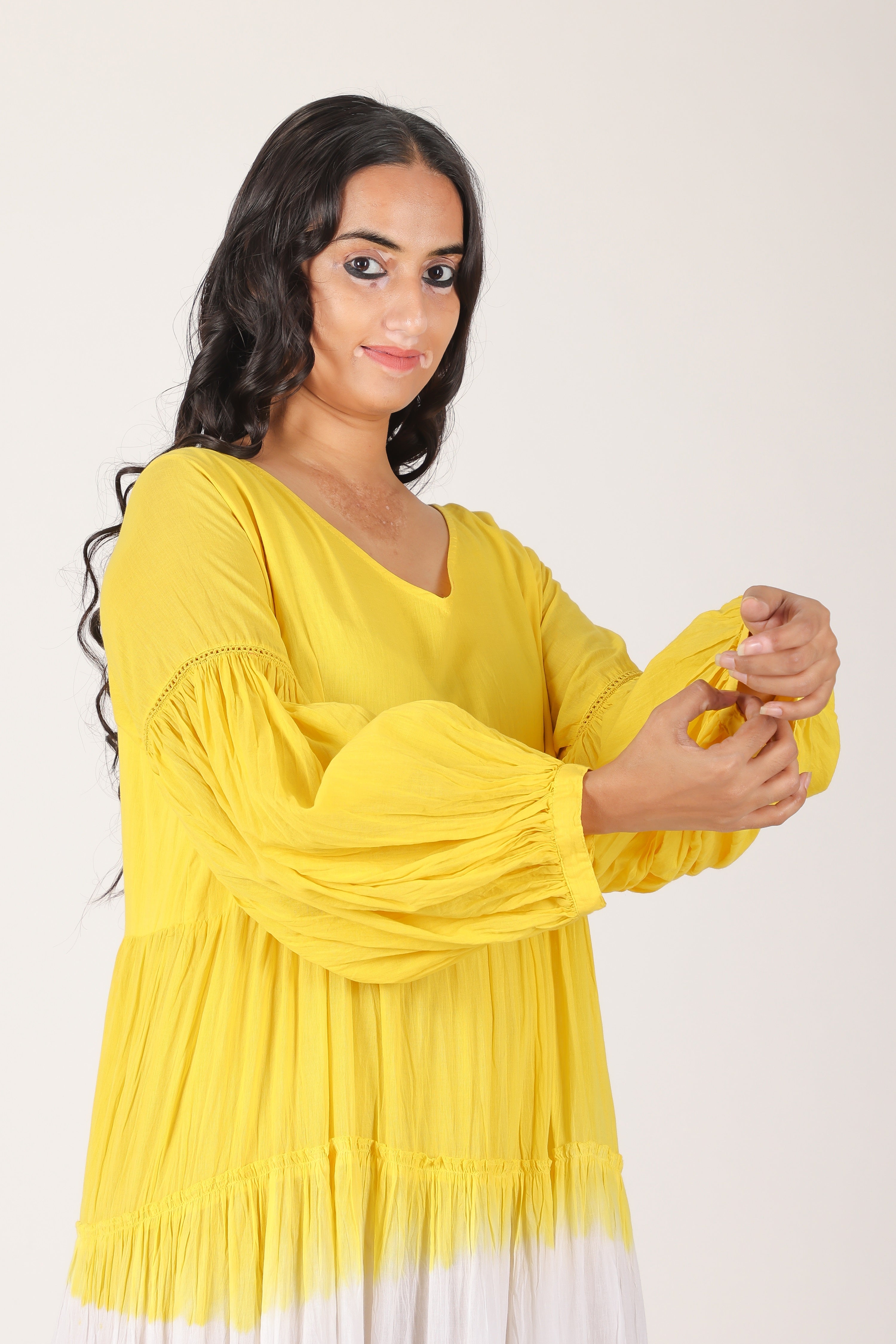 Yellow purple ombare tierd cotton dress