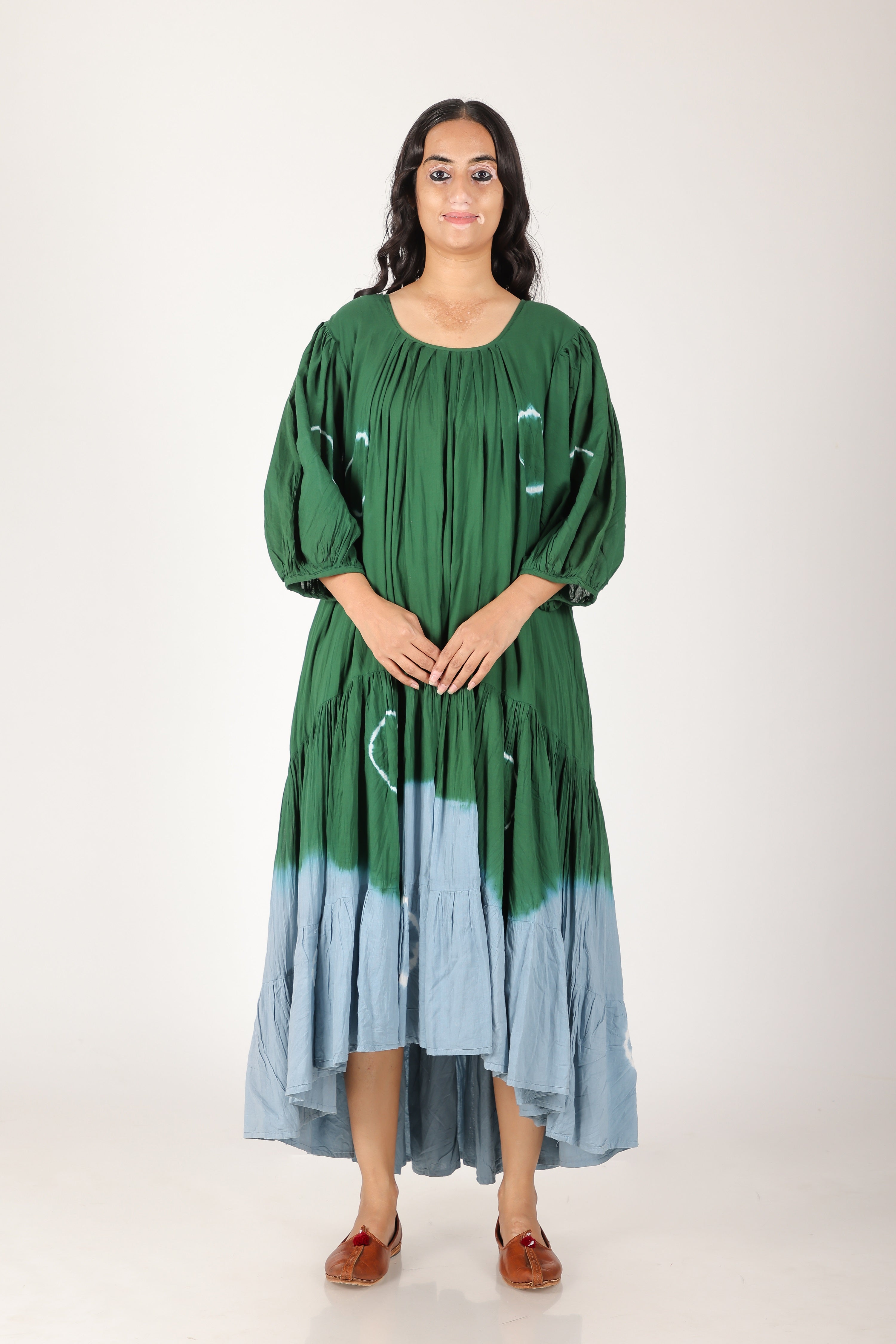 kaai green high low flared tie dye dress