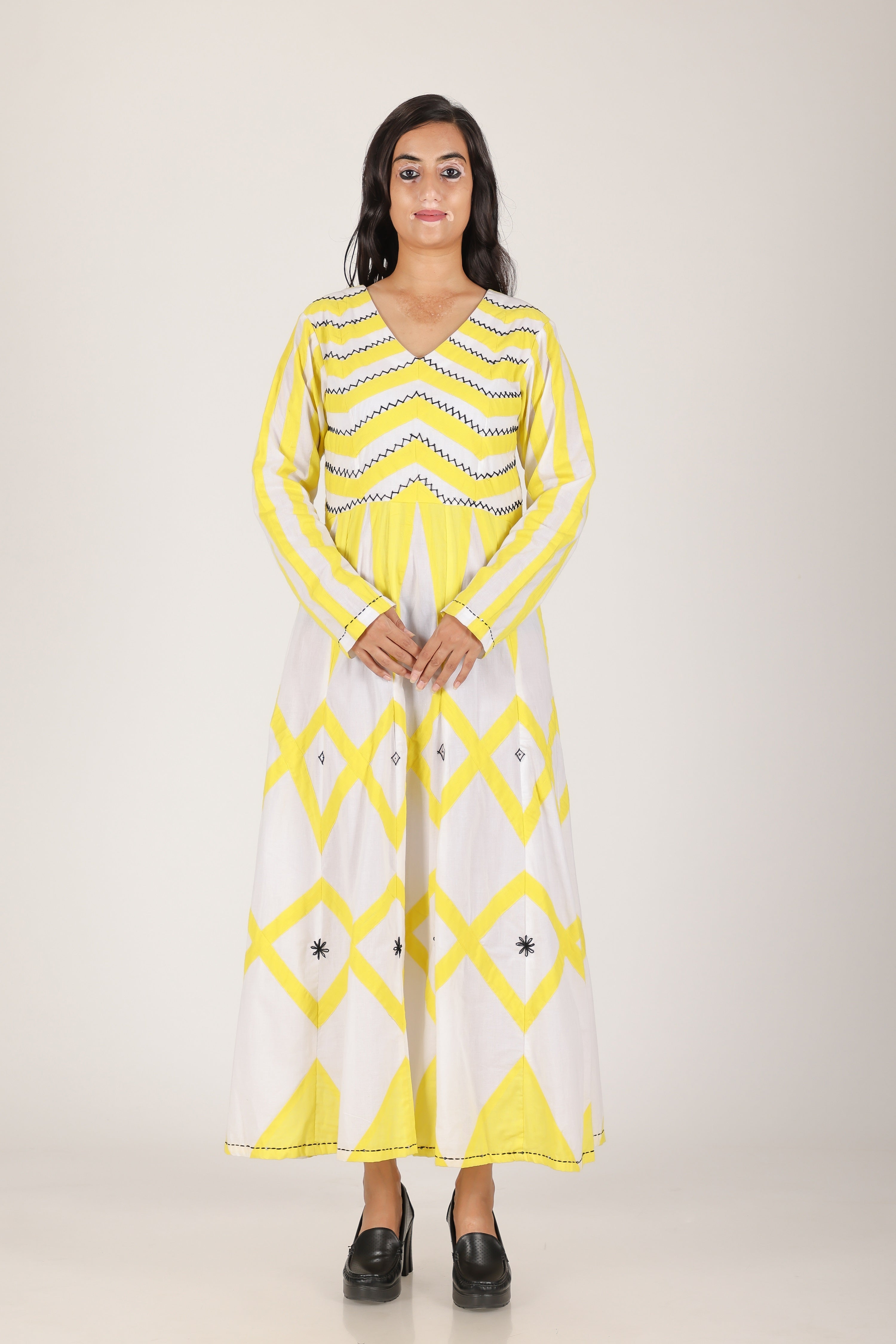 Yellow zig zag applique hand work dress