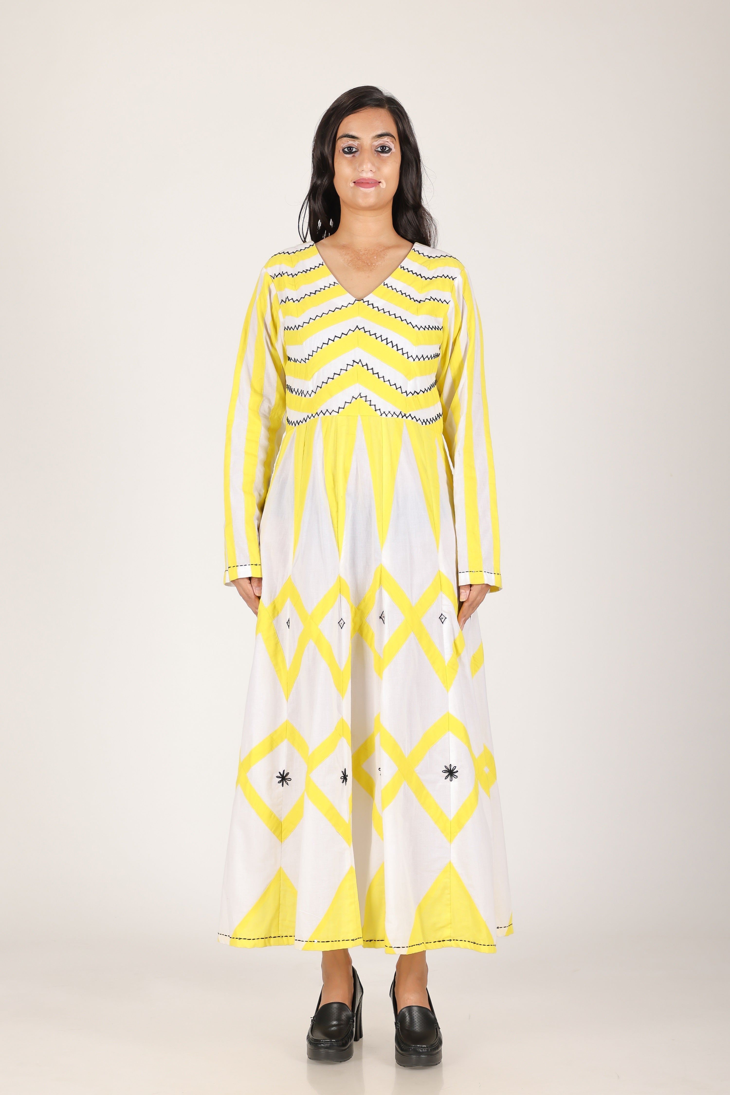 Yellow zig zag applique hand work dress