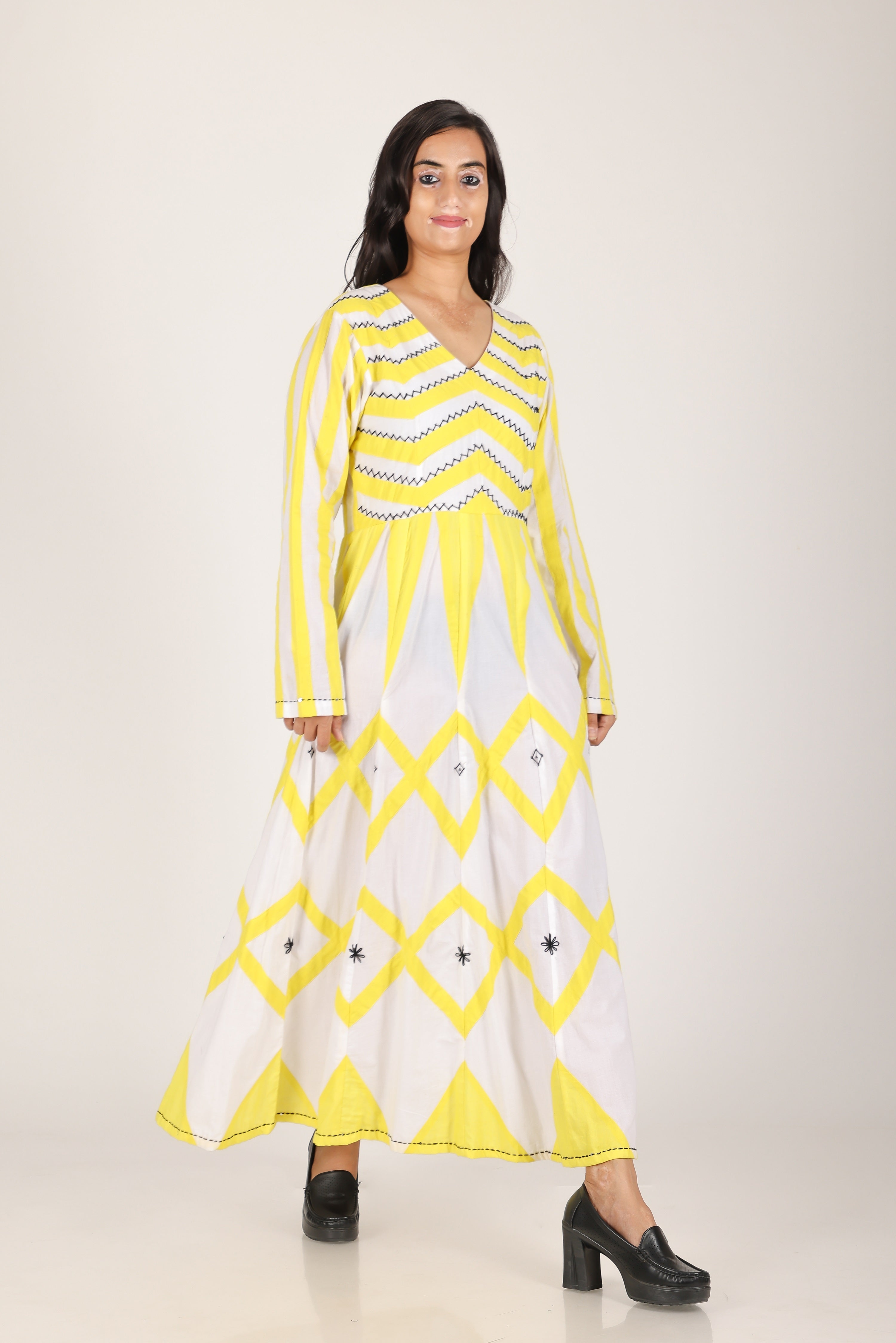 Yellow zig zag applique hand work dress