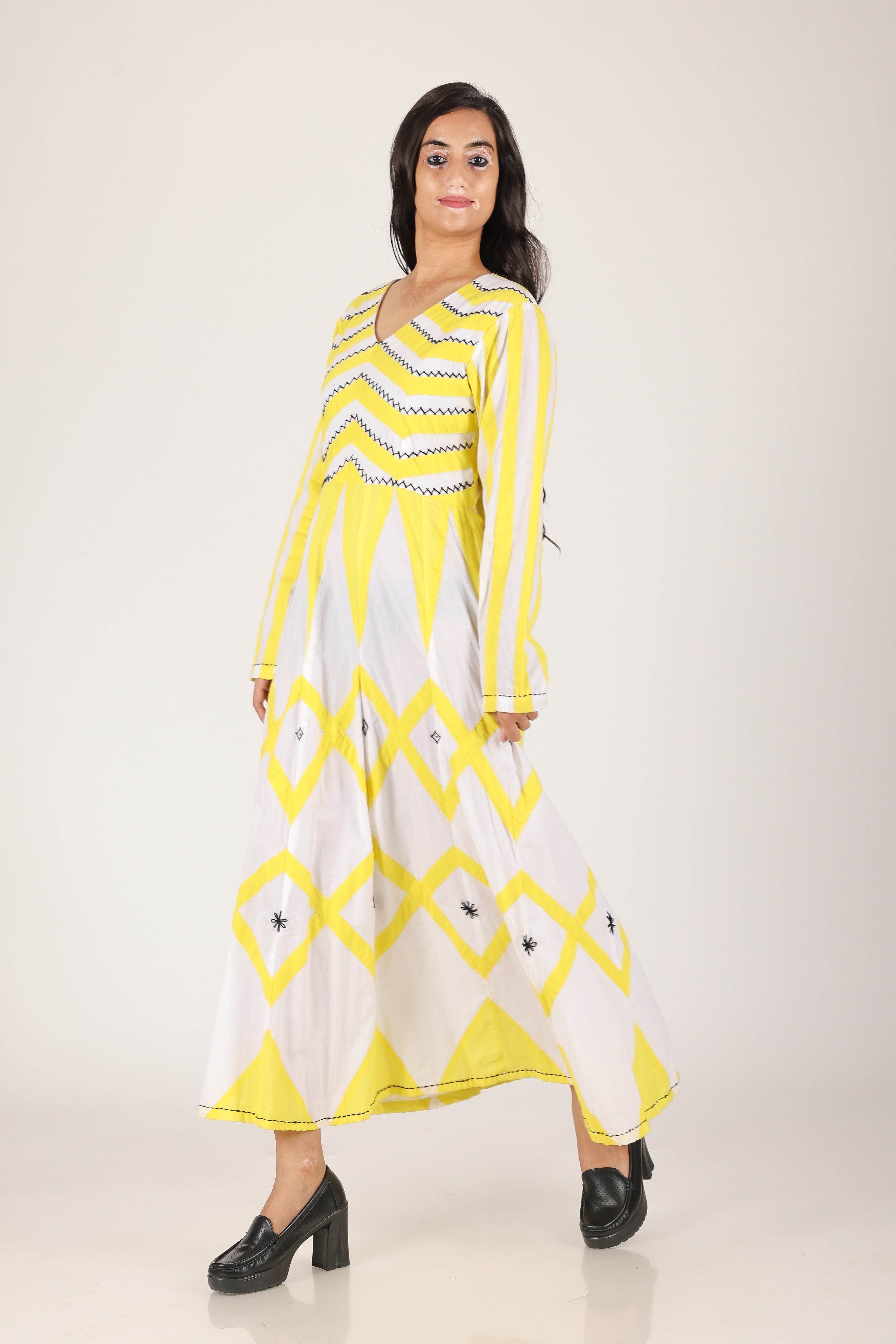 Yellow zig zag applique hand work dress