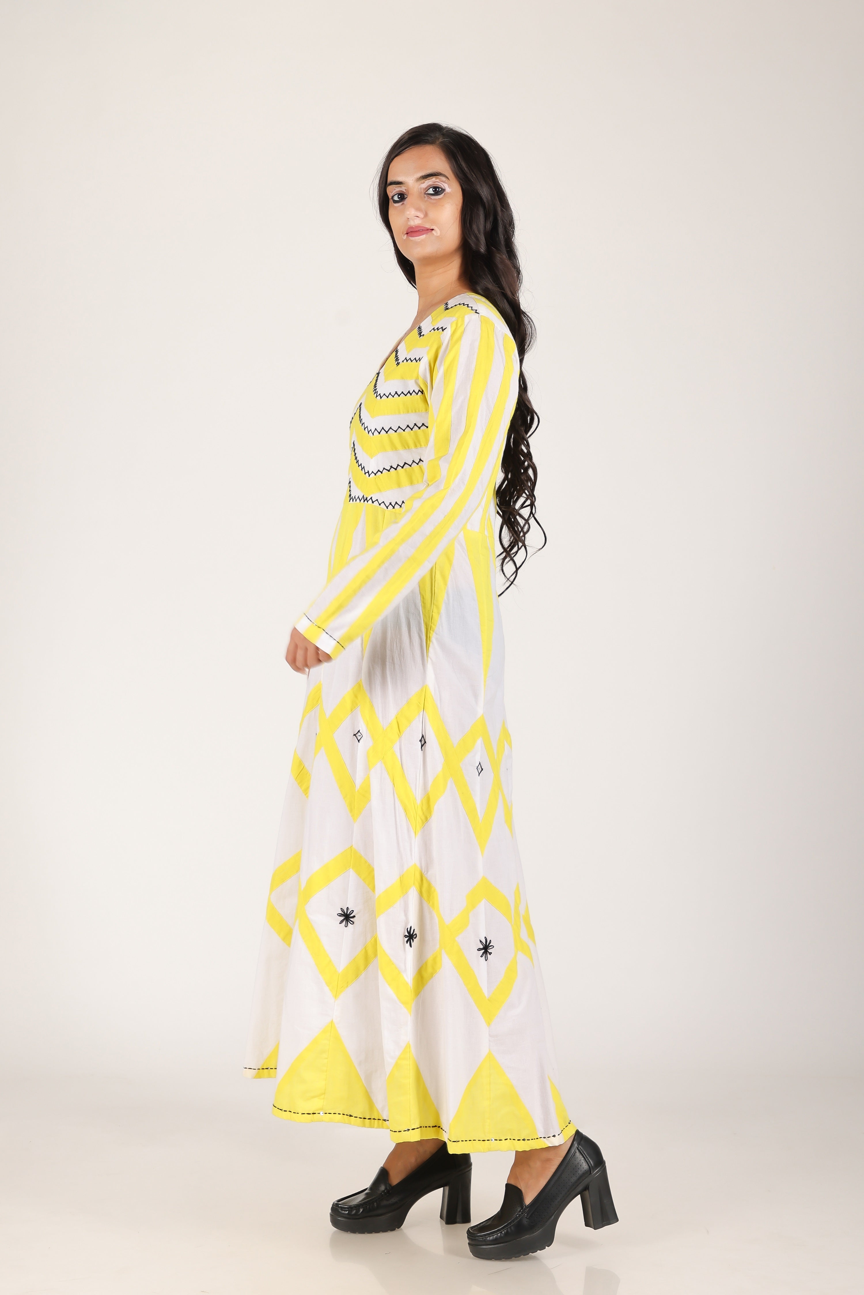 Yellow zig zag applique hand work dress