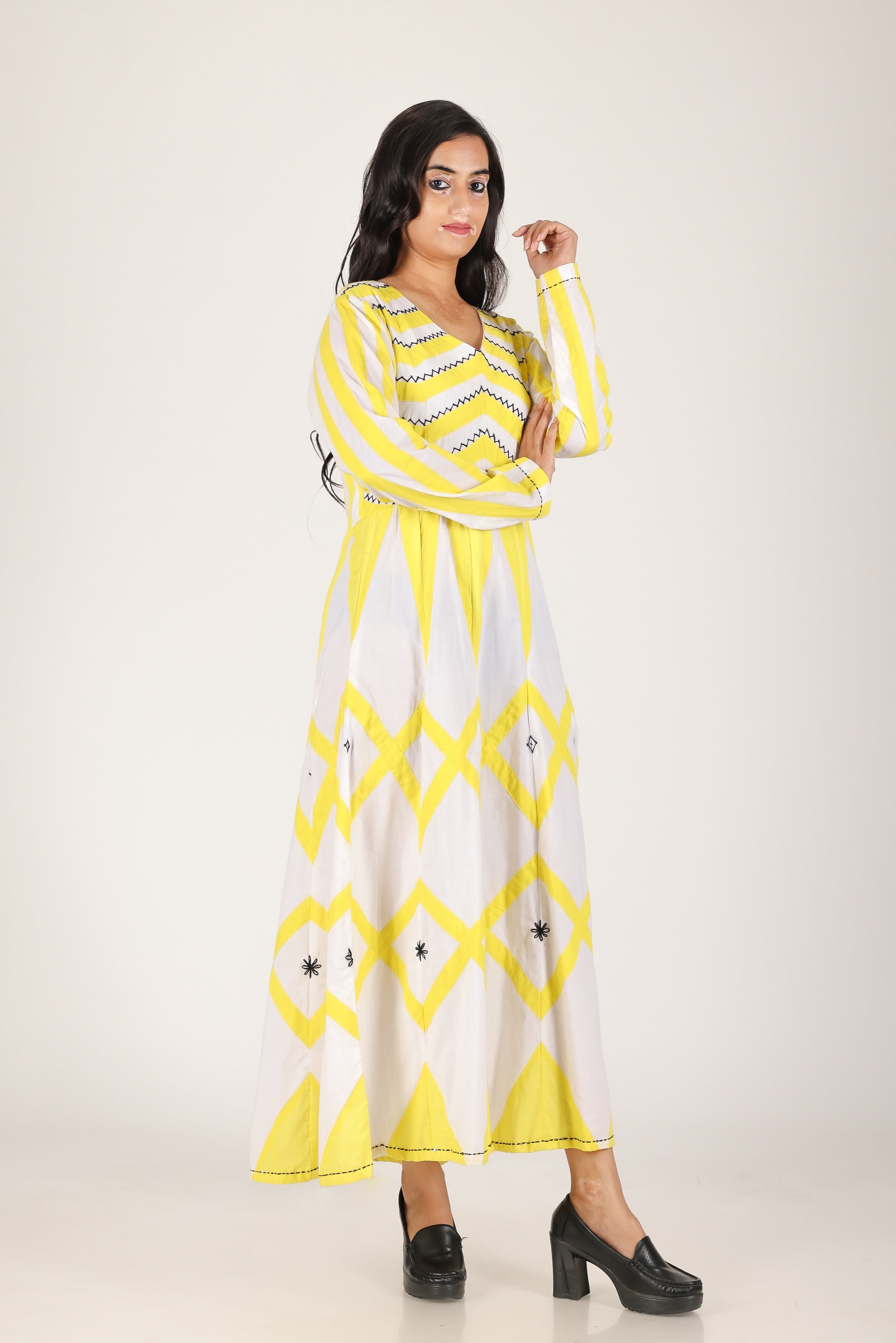 Yellow zig zag applique hand work dress