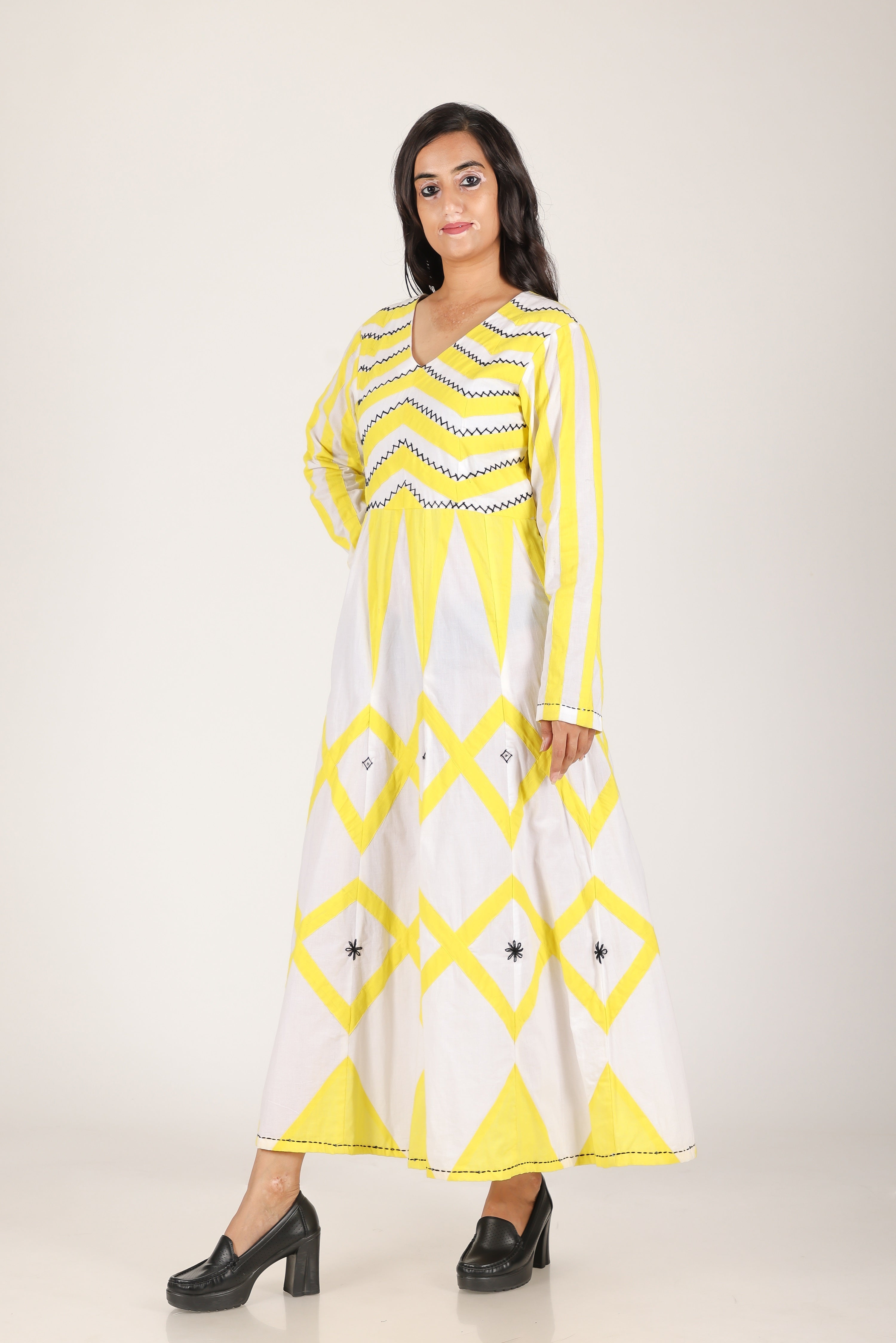 Yellow zig zag applique hand work dress