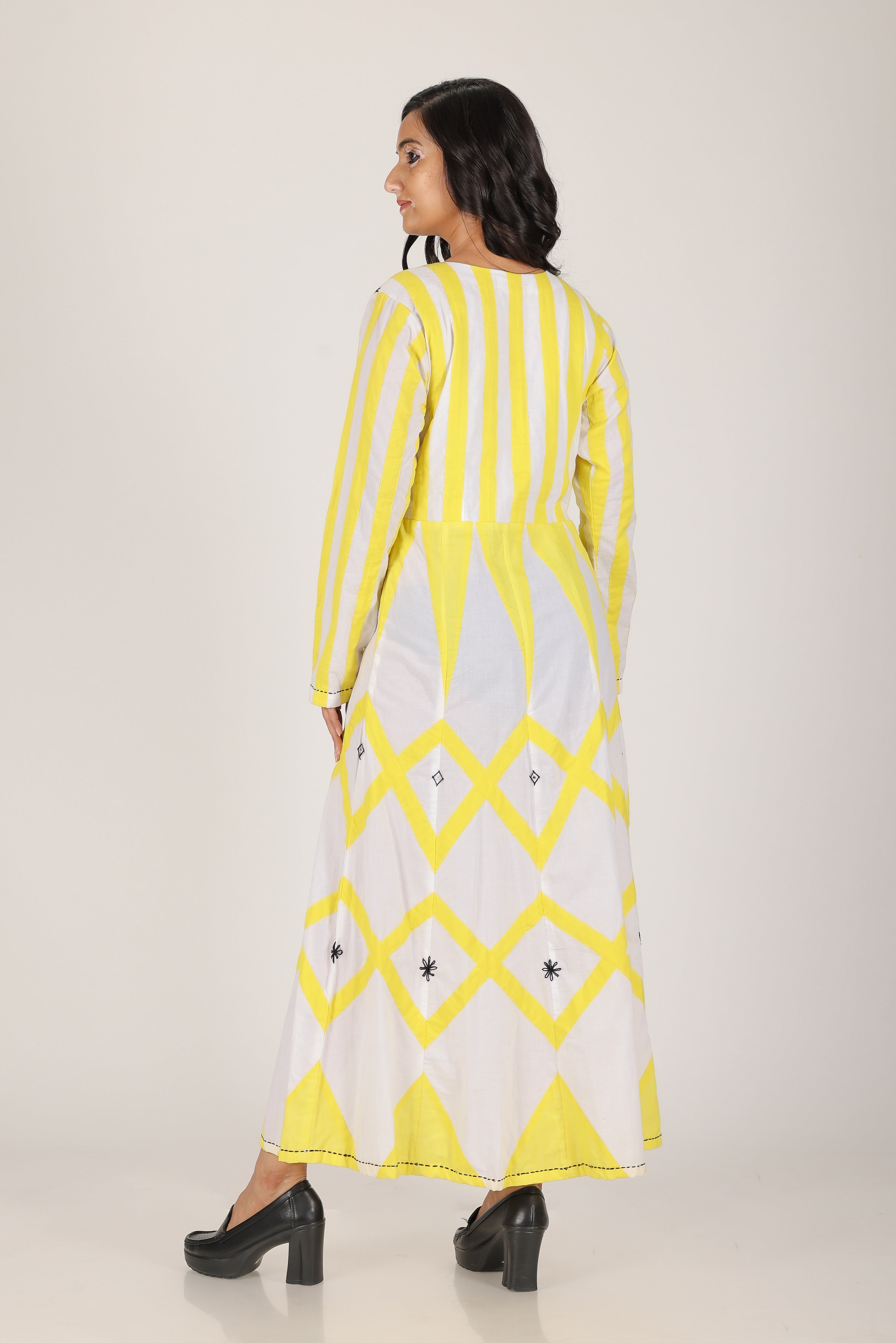 Yellow zig zag applique hand work dress