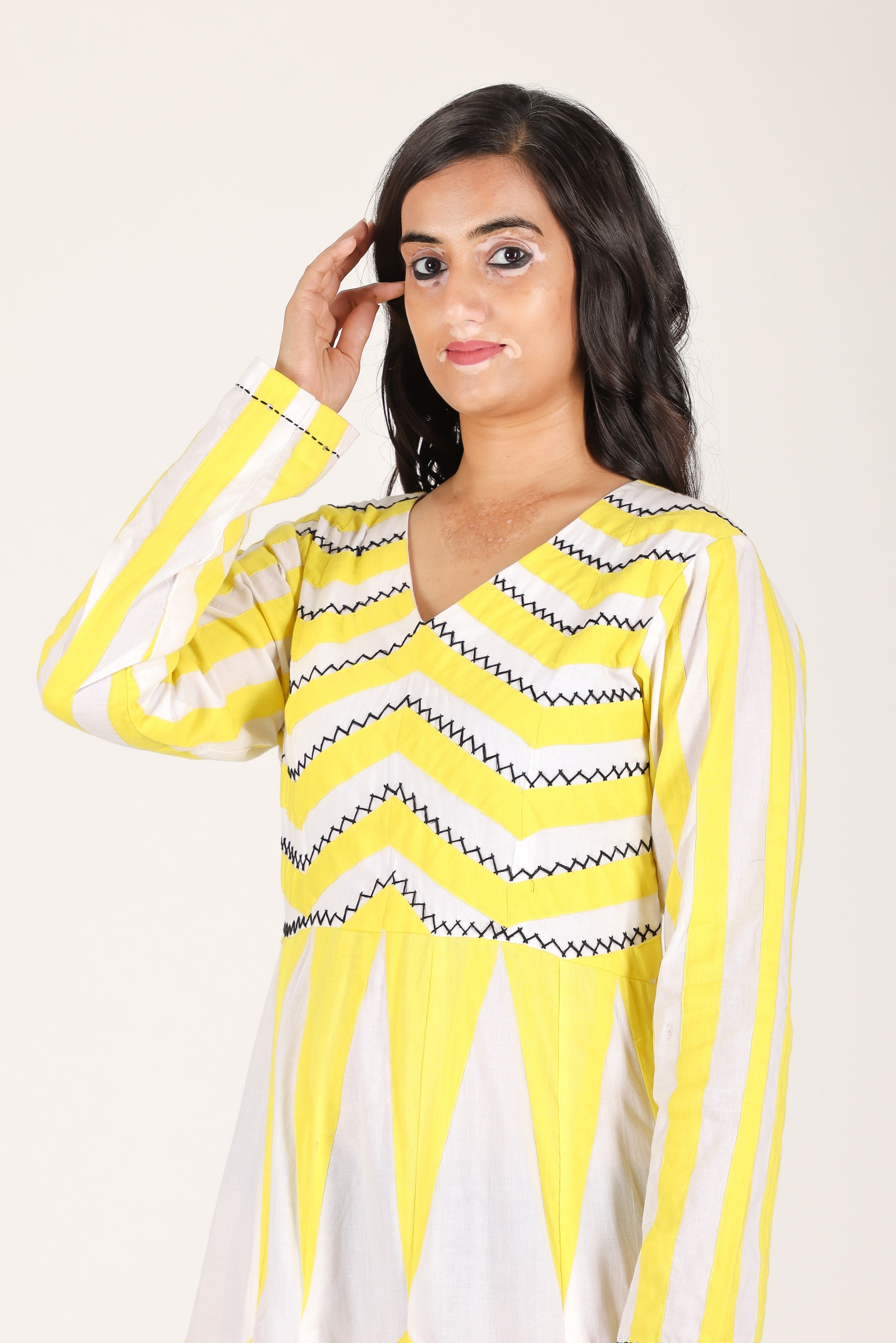 Yellow zig zag applique hand work dress